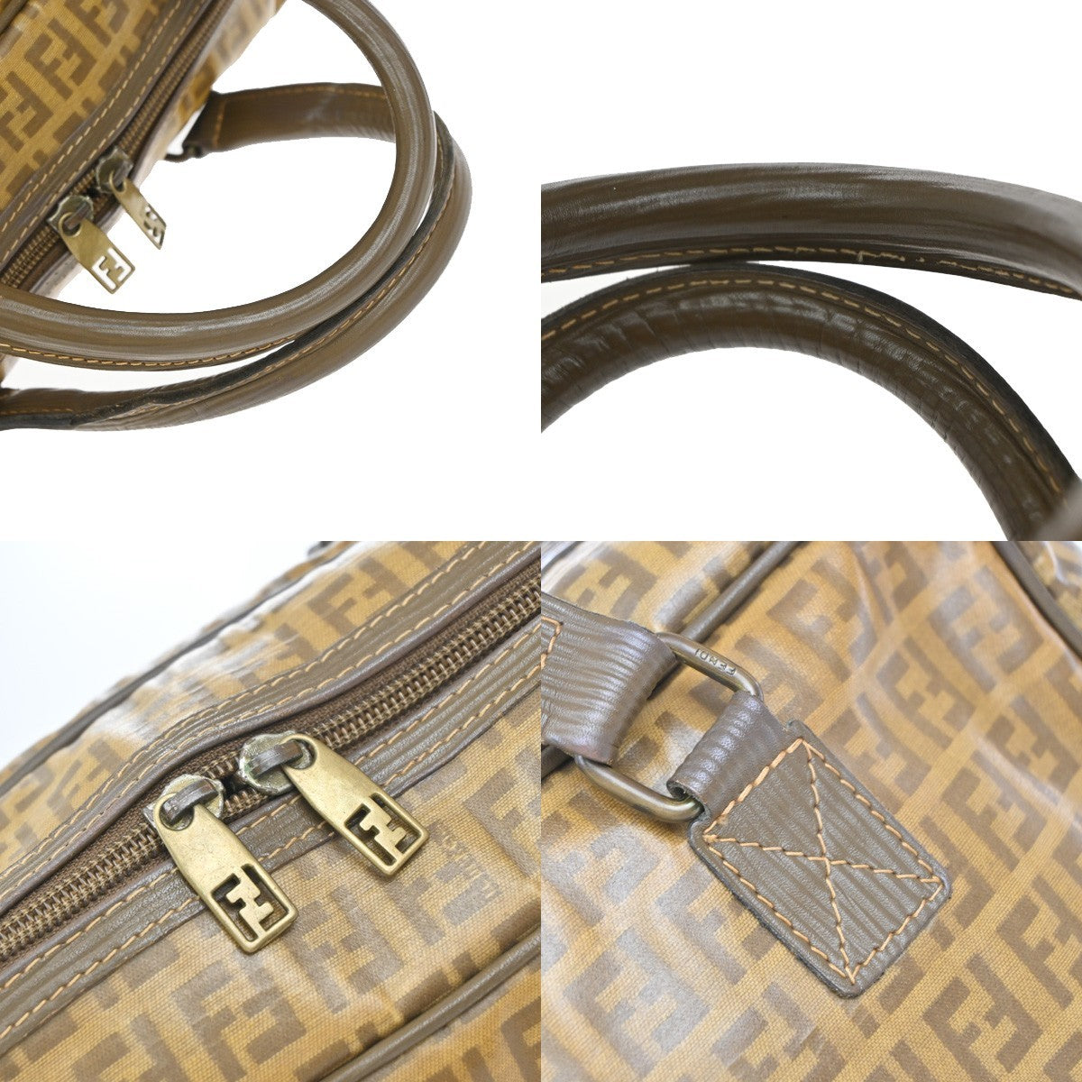 FENDI Logo Zucchino Pattern Hand Bag Coating Canvas Leather Brown 62KP355