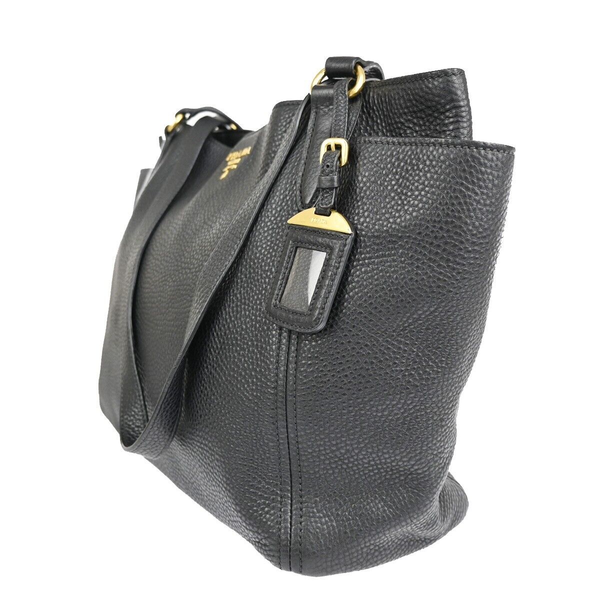 PRADA Logo Shoulder Tote Bag Leather Black Gold Made in Italy 93EA812