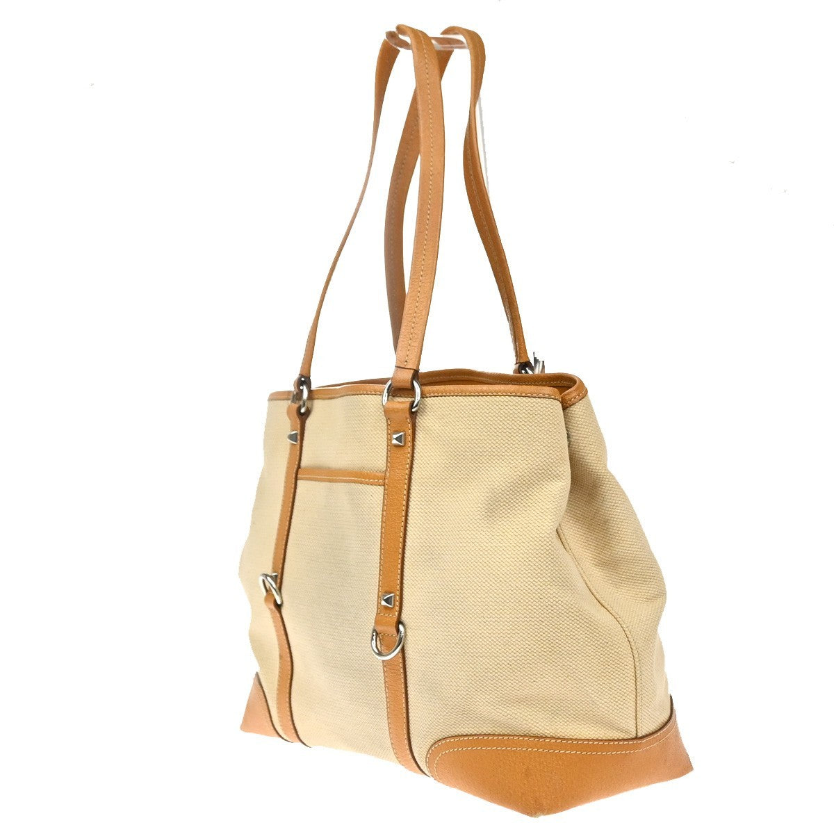 PRADA Logo Shoulder Tote Hand Bag Canvas Leather Beige Orange SHW Italy 34MA594