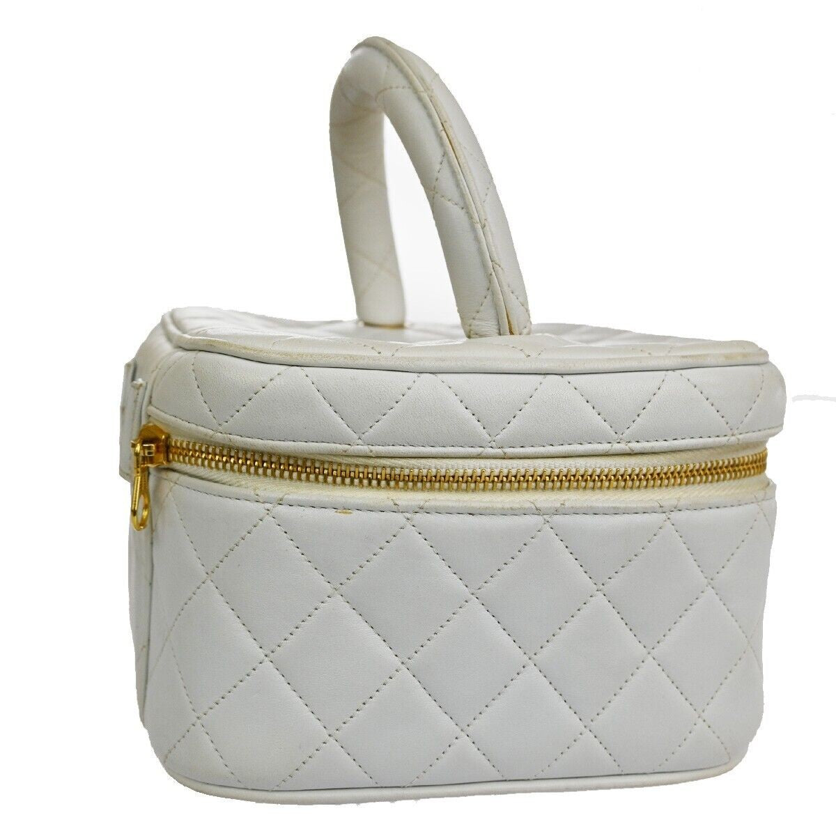 CHANEL Logo Matelasse Vanity Hand Bag Leather White GHW France Vintage 96RH435