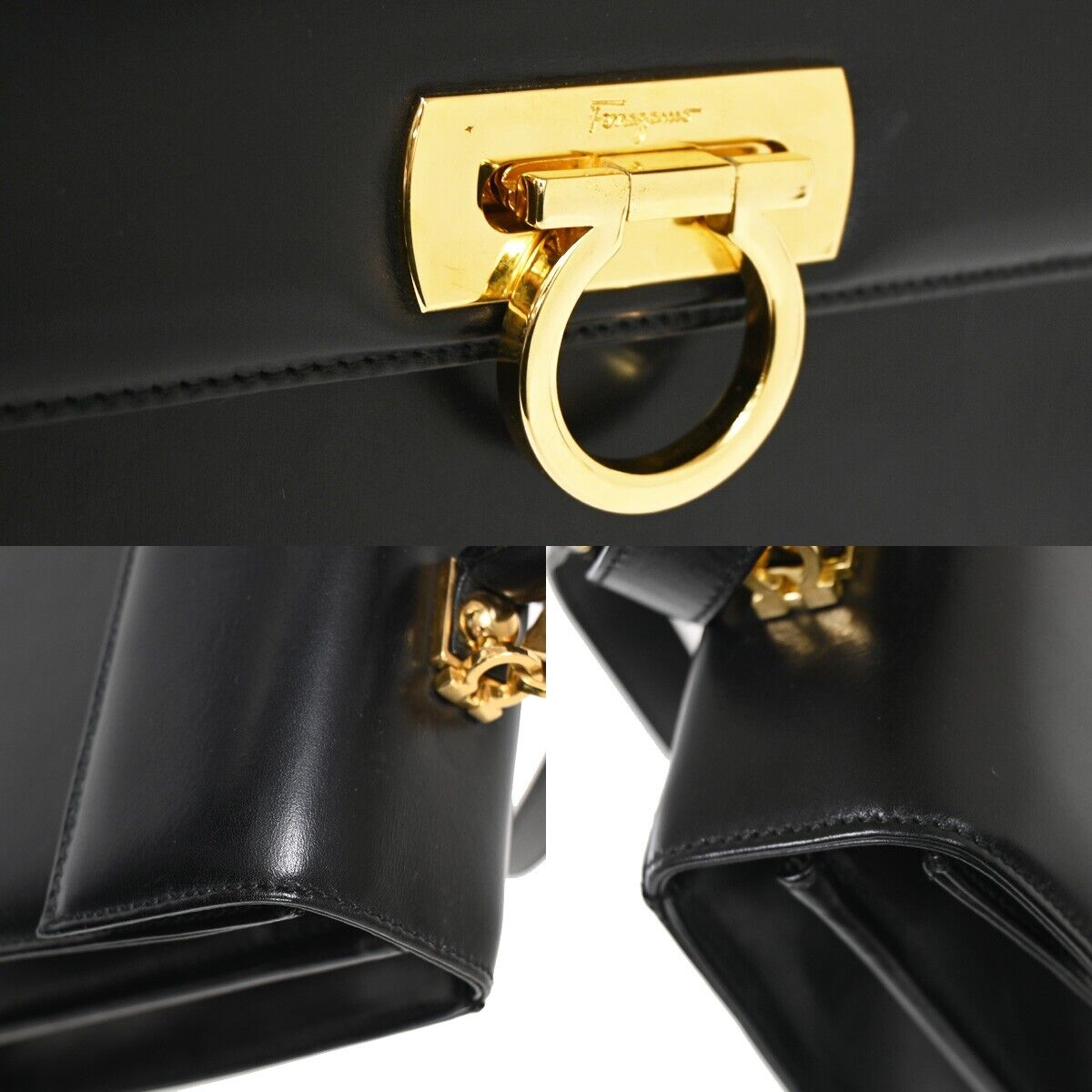 SALVATORE FERRAGAMO 2Way Gancini Shoulder Hand Bag Leather Black Gold 77SH468