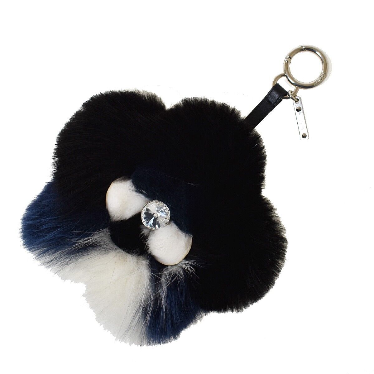 FENDI Logo Flower Motif Charm Key Chain Fur Leather Black Italy 66JH635