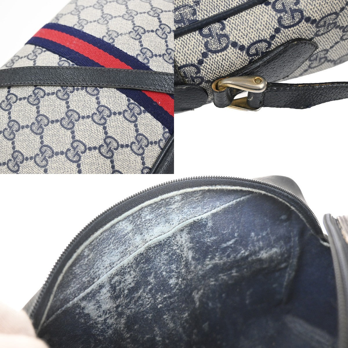 GUCCI Logo Sherry Web Line GG Pattern Shoulder Bag PVC Leather Blue 67YJ157