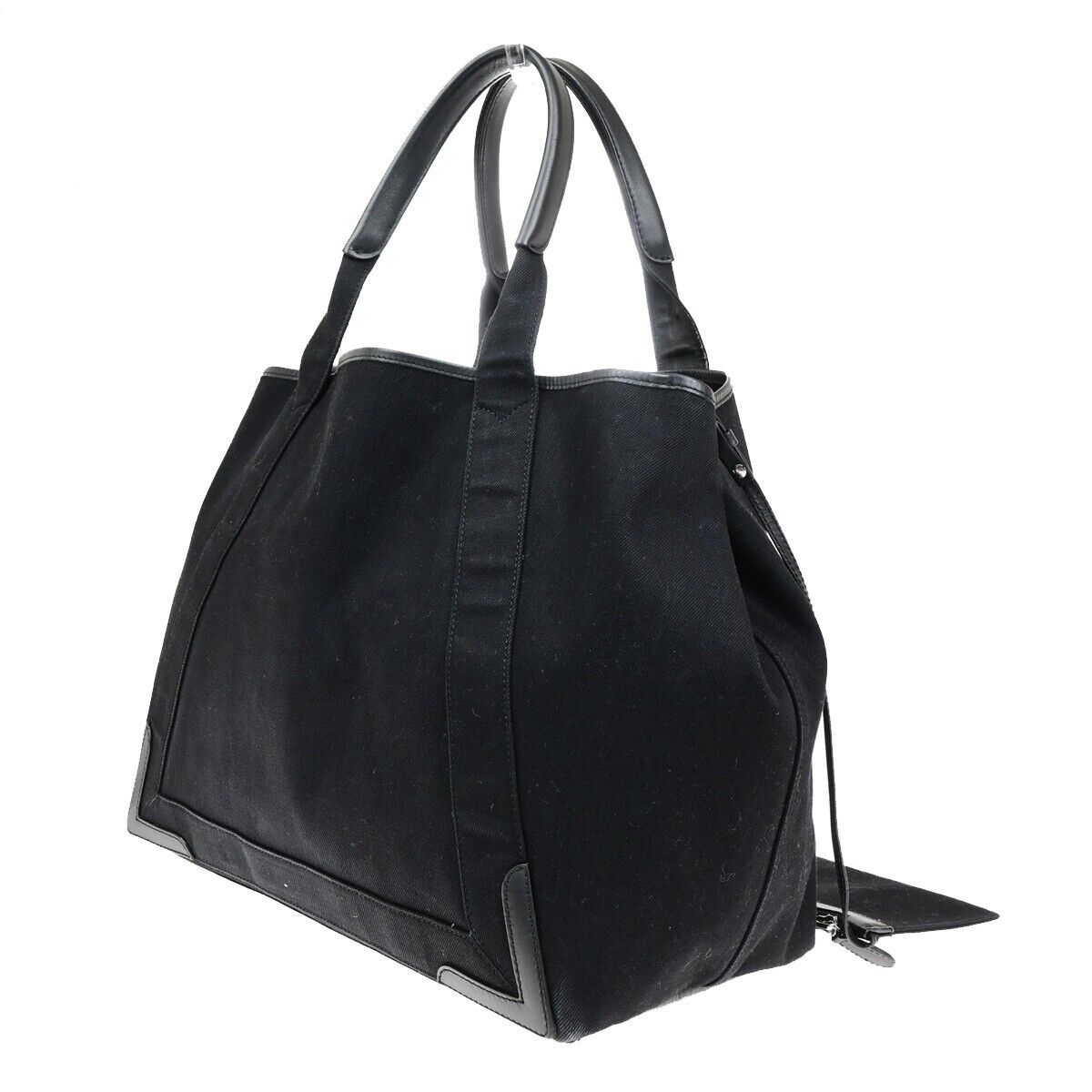 BALENCIAGA Logo Navy Cabas Shoulder Tote Bag Canvas Leather Black 34ED425