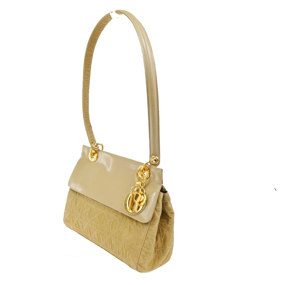 CHRISTIAN DIOR Shoulder Bag Patent Nylon Leather Beige GHW Italy 39TA647