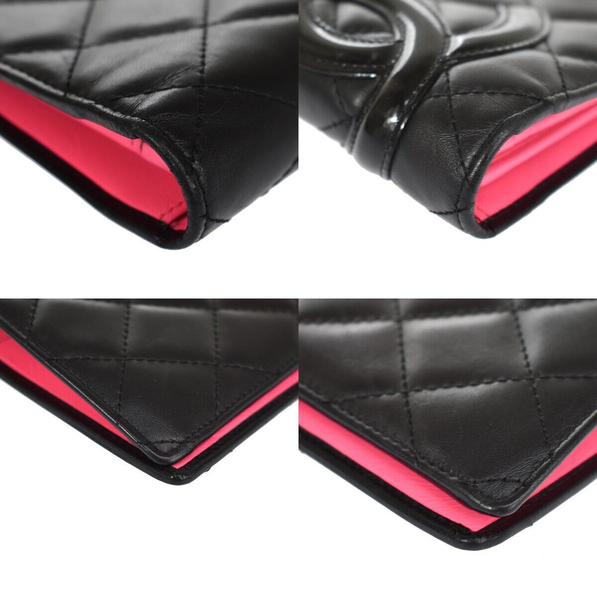 CHANEL CC Logo Cambon Long Bifold Wallet Leather Black Pink Italy 87SH089