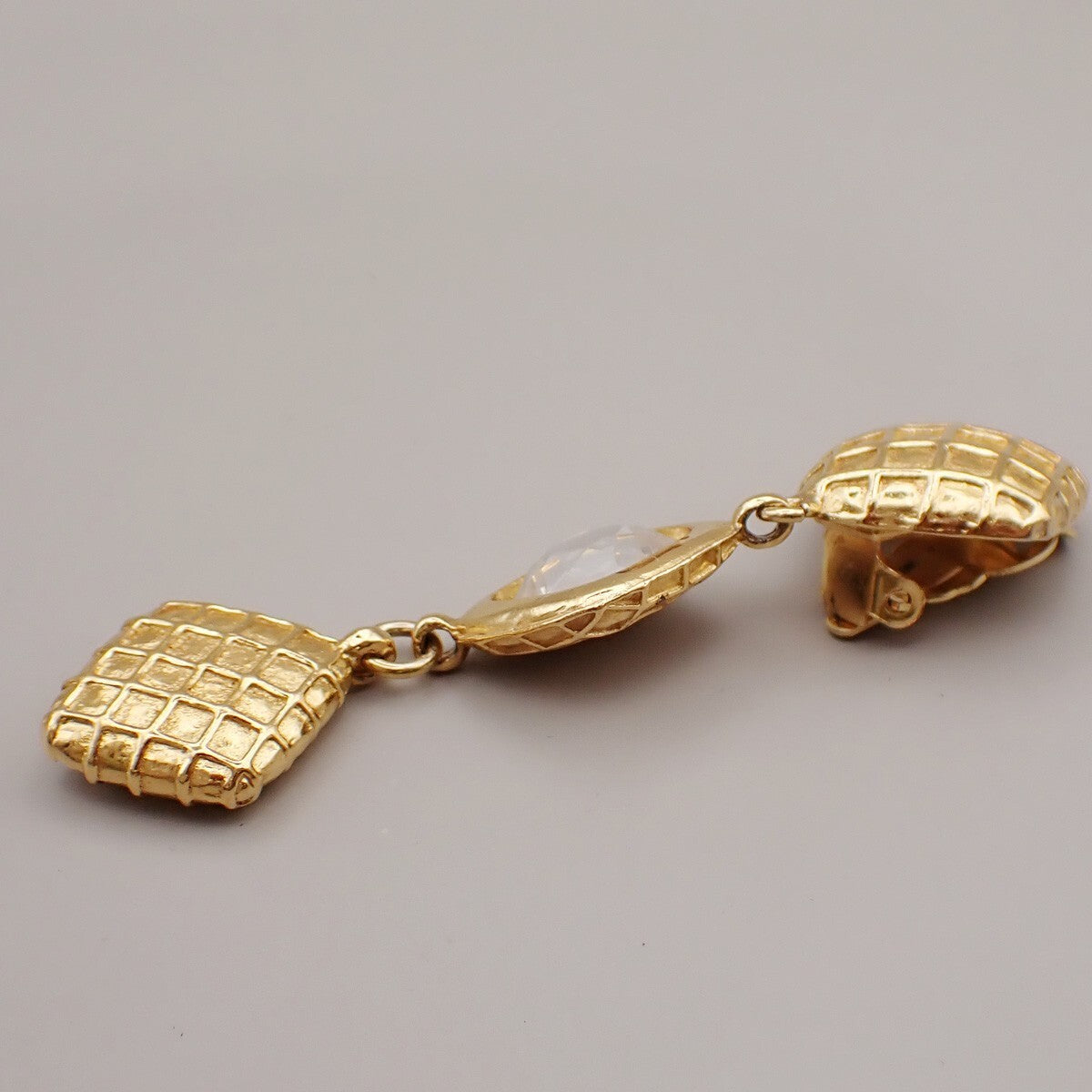 CHANEL Matelasse Diamond Shape Drop Earrings Rhinestone Clip-On Gold 73RL067