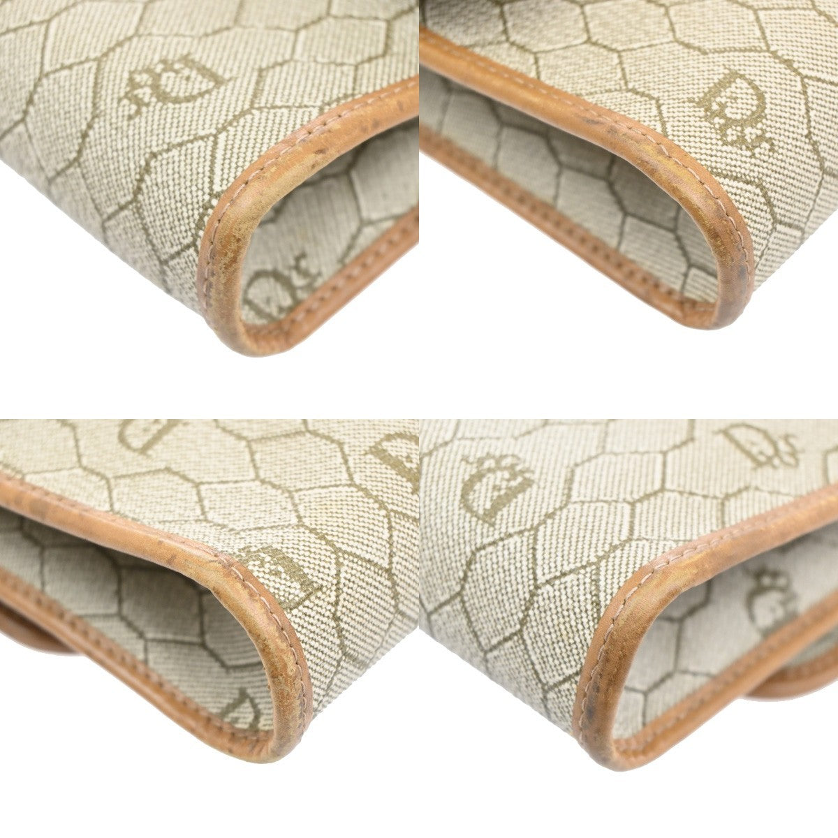 CHRISTIAN DIOR Logo Honey comb Chain Shoulder Bag PVC Leather GHW Beige 65KB707