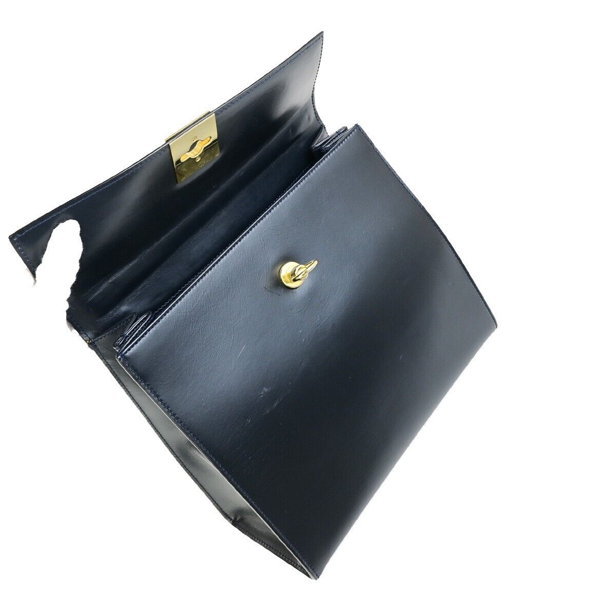 CELINE Logo Top Handle Hand Bag Leather Navy Blue GHW Made in Italy 34EC891