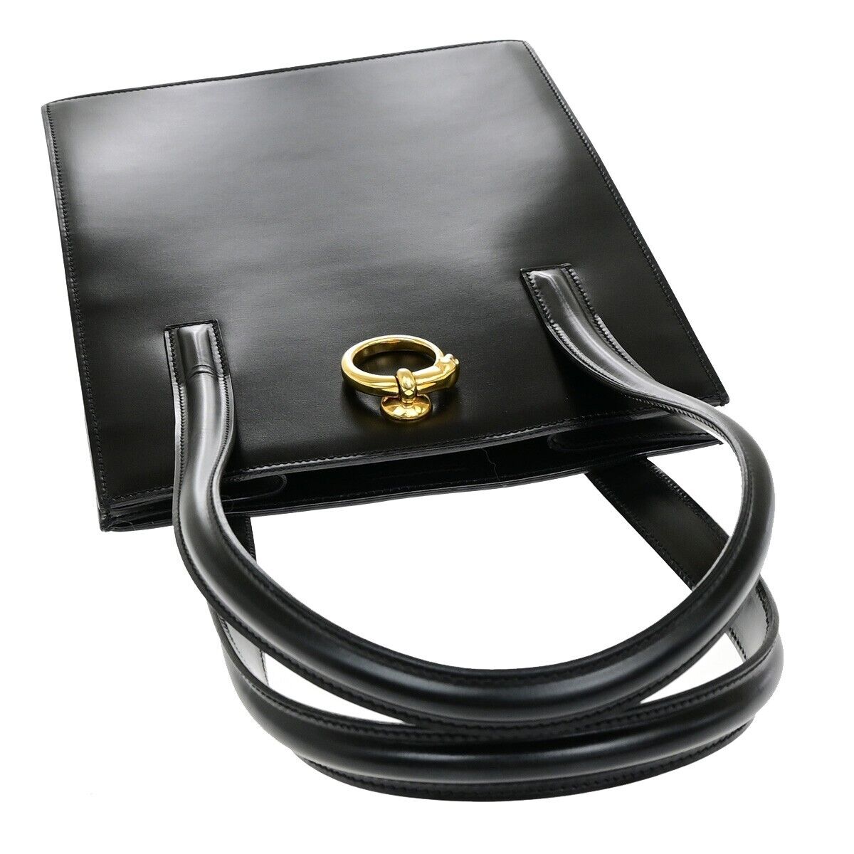 CARTIER Logo Panther Shoulder Hand Bag Leather Black GHW Made In Italy 34YG991