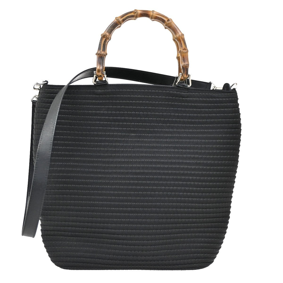 GUCCI Logo Bamboo 2Way Shoulder Hand Bag Canvas Leather Black SHW 67DA175