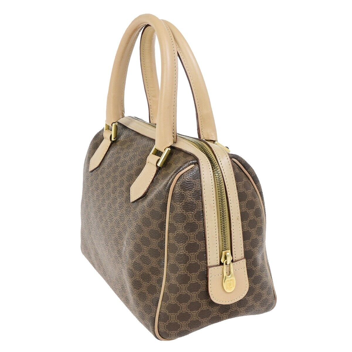 CELINE Logo Macadam Pattern Travel Hand Boston Bag PVC Leather Brown 37FB222