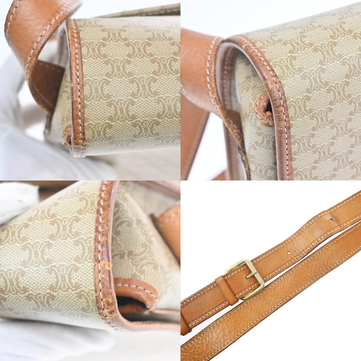CELINE Logo Macadam Pattern Shoulder Bag PVC Leather Beige GHW Italy 68KC717
