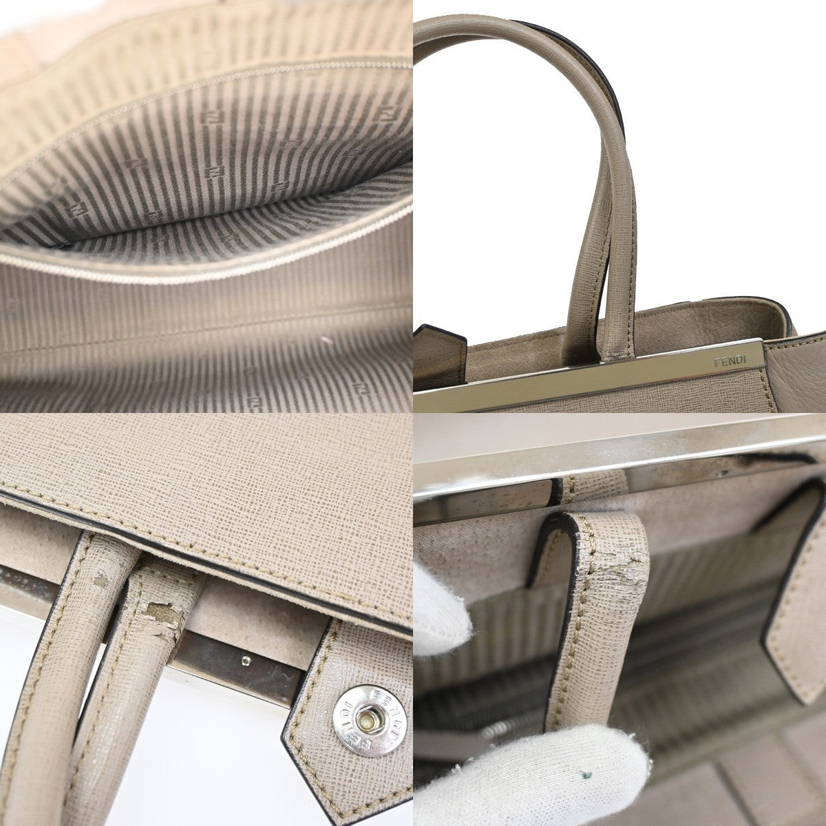 FENDI Logo Large 2Jours Hand Tote Bag Leather Beige Greige SHW Italy 32YH863