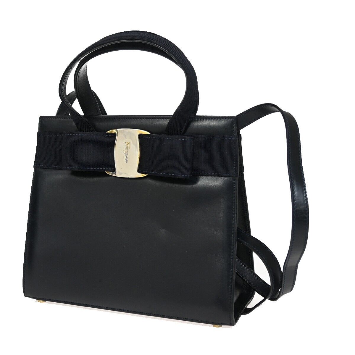 SALVATORE FERRAGAMO Logo Vara 2Way Shoulder Hand Bag Canvas Leather Blue 36FA535