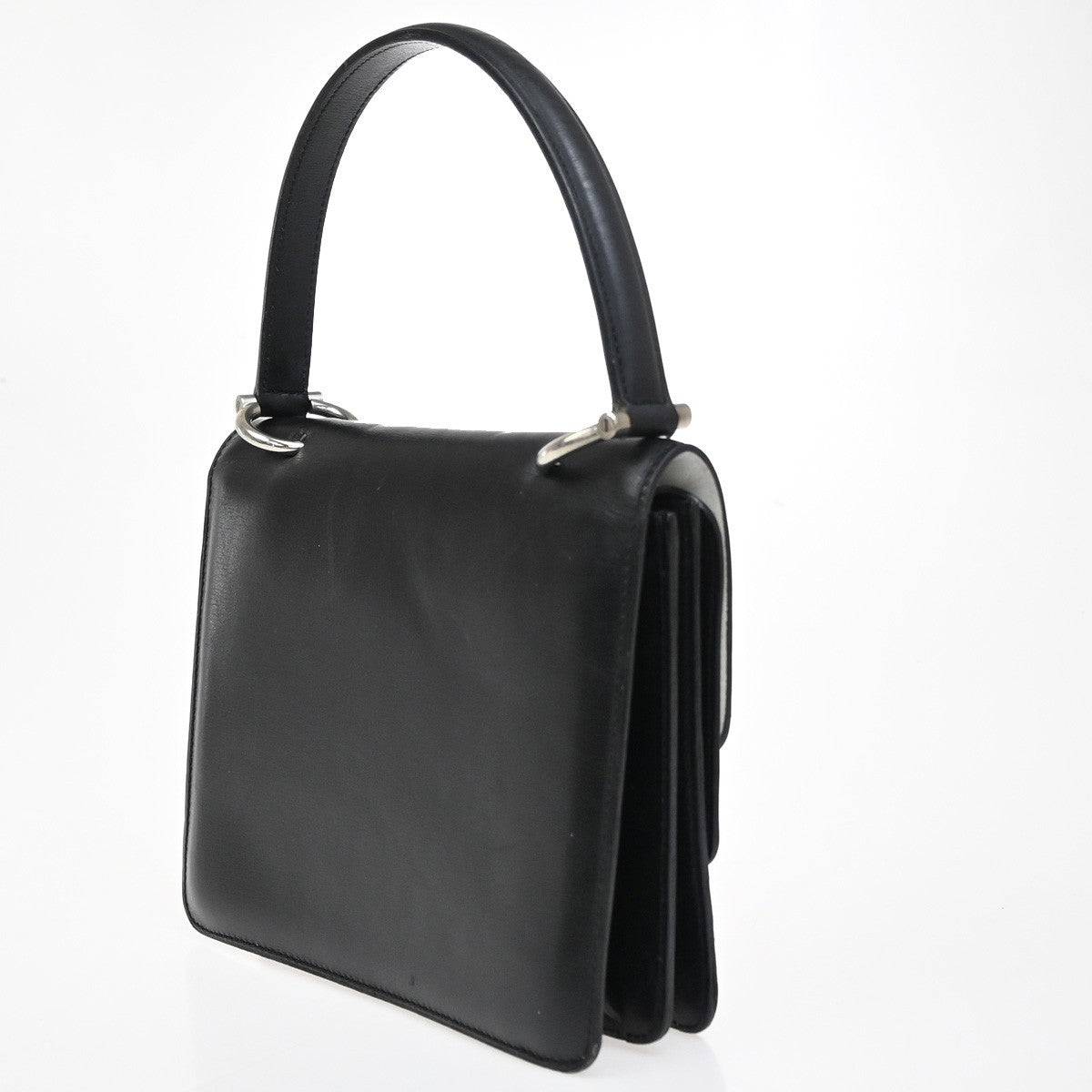 CELINE Logo Bicolor Double Flap Hand Bag Leather Black White Italy 80EG224