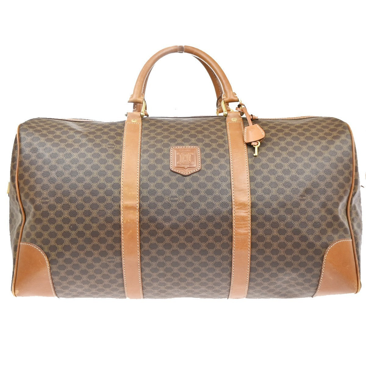 CELINE Logo Macadam Pattern Boston Hand Bag PVC Leather Brown Italy 63MA616