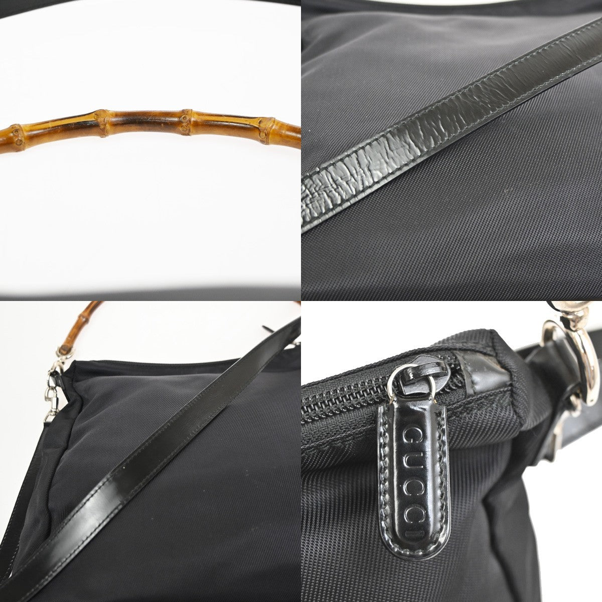 GUCCI Logo Bamboo 2Way Shoulder Hand Bag Nylon Leather Black SHW Italy 64ZA309