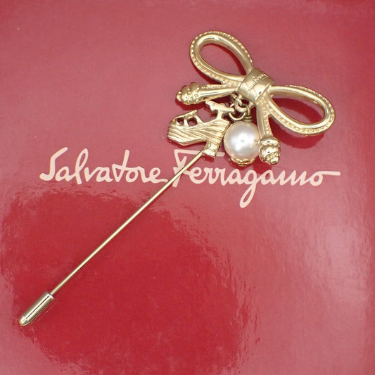 SALVATORE FERRAGAMO Logo Imitation Pearl Ribbon Pin Brooch Gold 03YG040