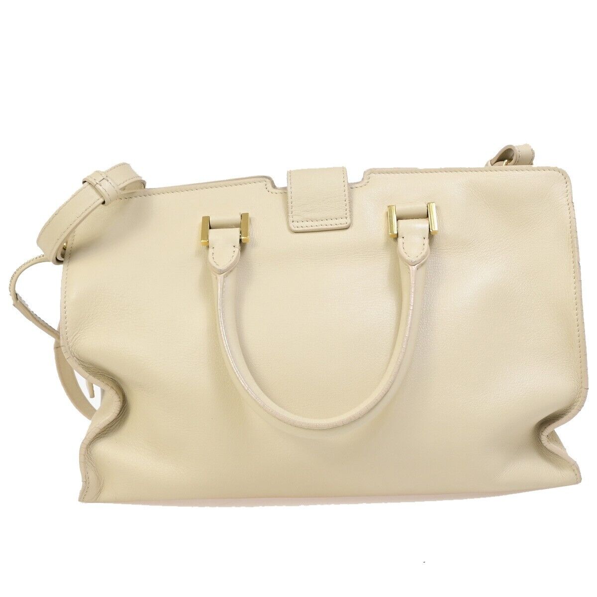 SAINT LAURENT  Logo Classic Y Cabas 2 Way Hand Bag Leather Beige Gold 72EB672