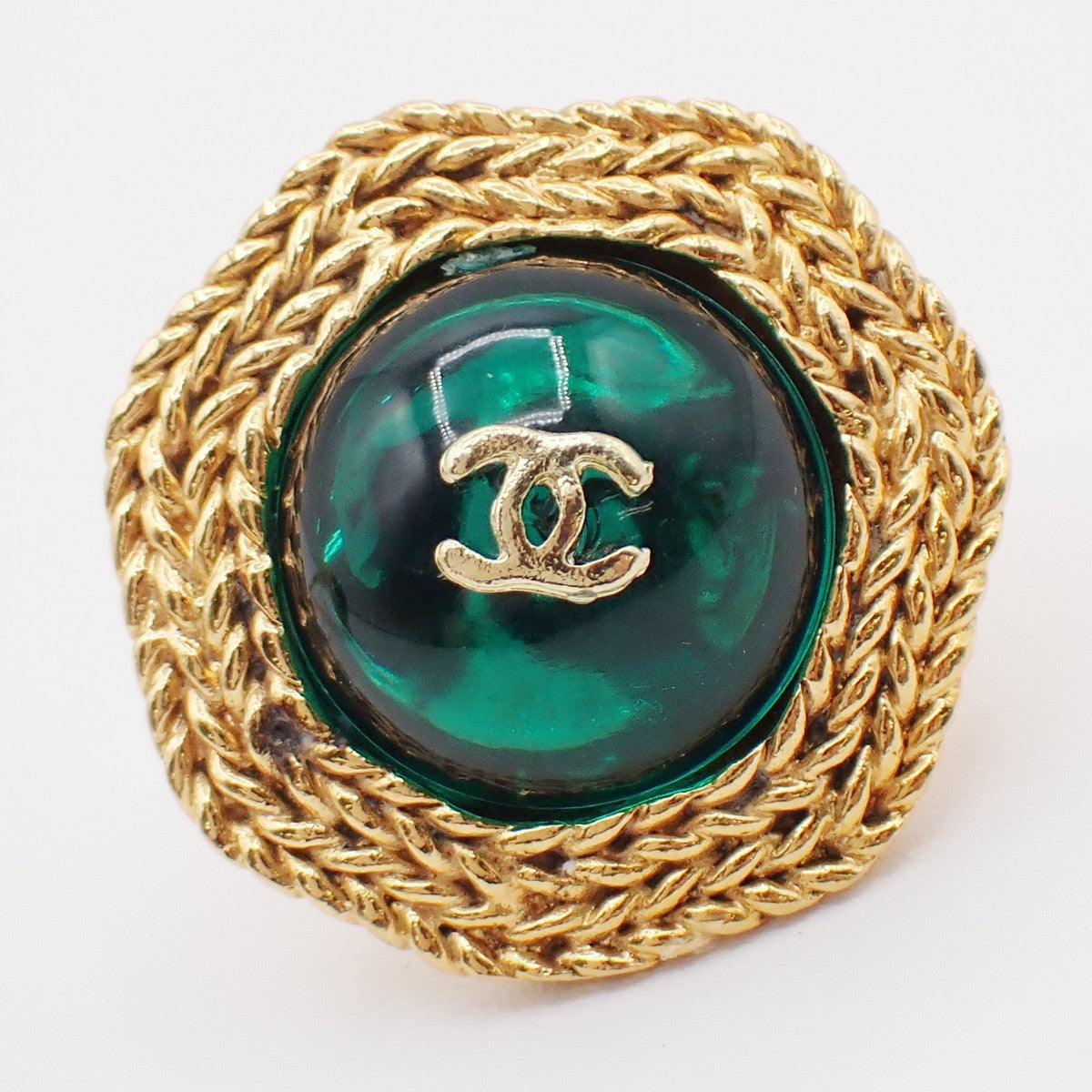 CHANEL CC Logo Button Earrings Clip-On Green GHW France 33RL470