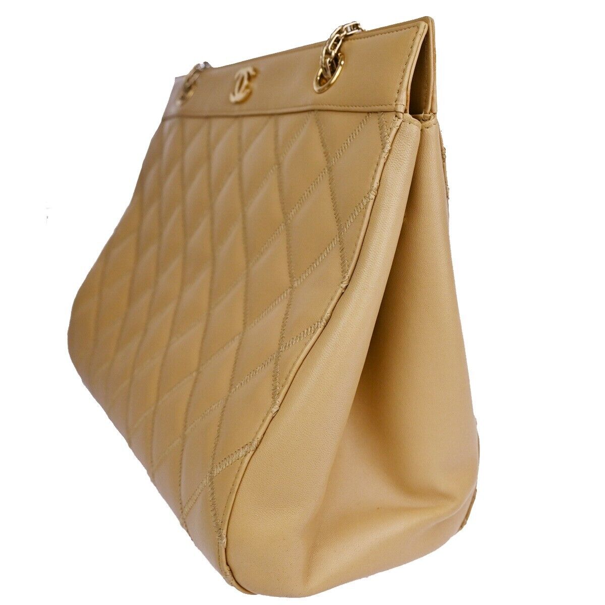 CHANEL CC Logo Matelasse Chain Shoulder Tote Bag Leather Beige GHW 305RJ393