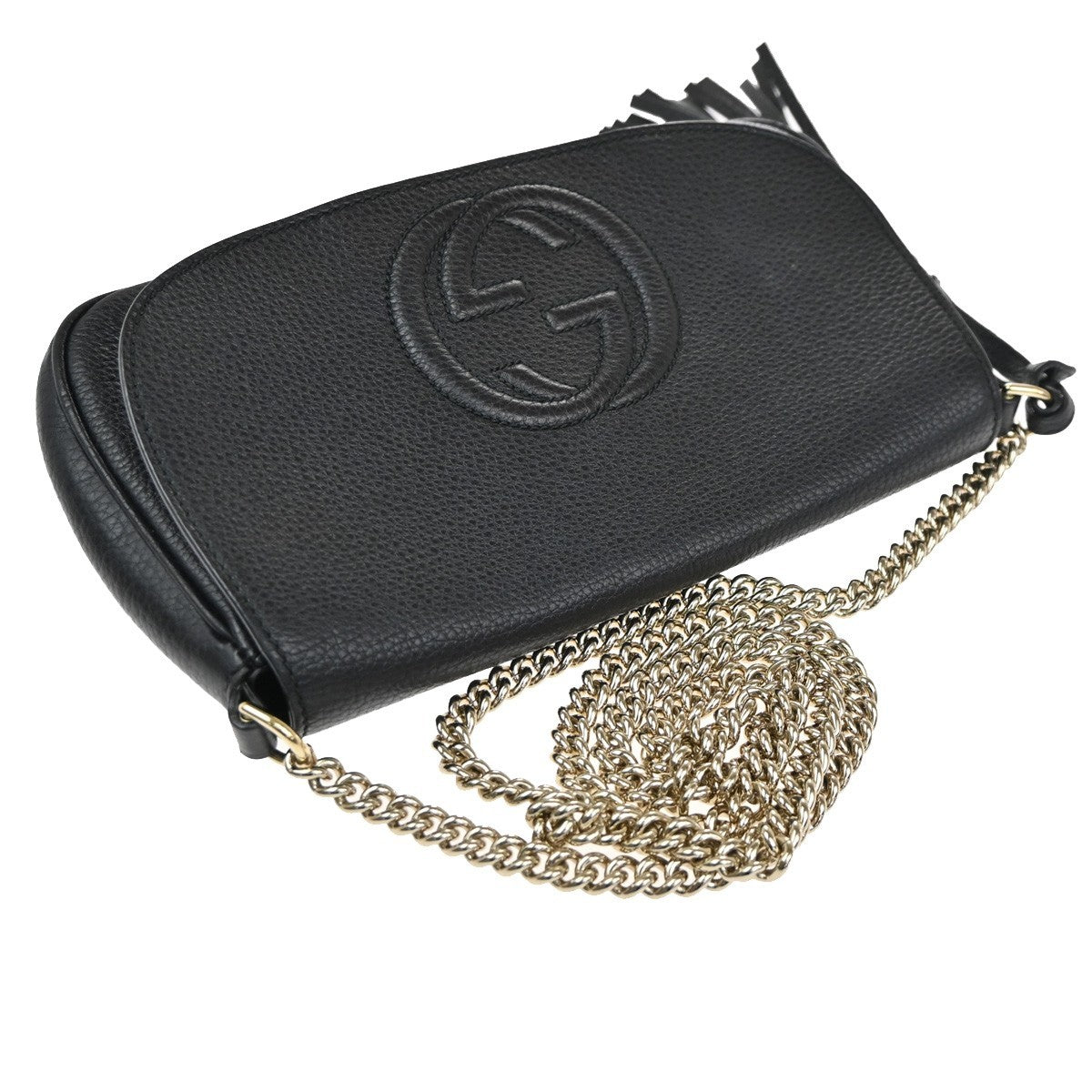 GUCCI GG Tassel Charm Crossbody Chain Shoulder Bag Leather Black Gold  99TA479