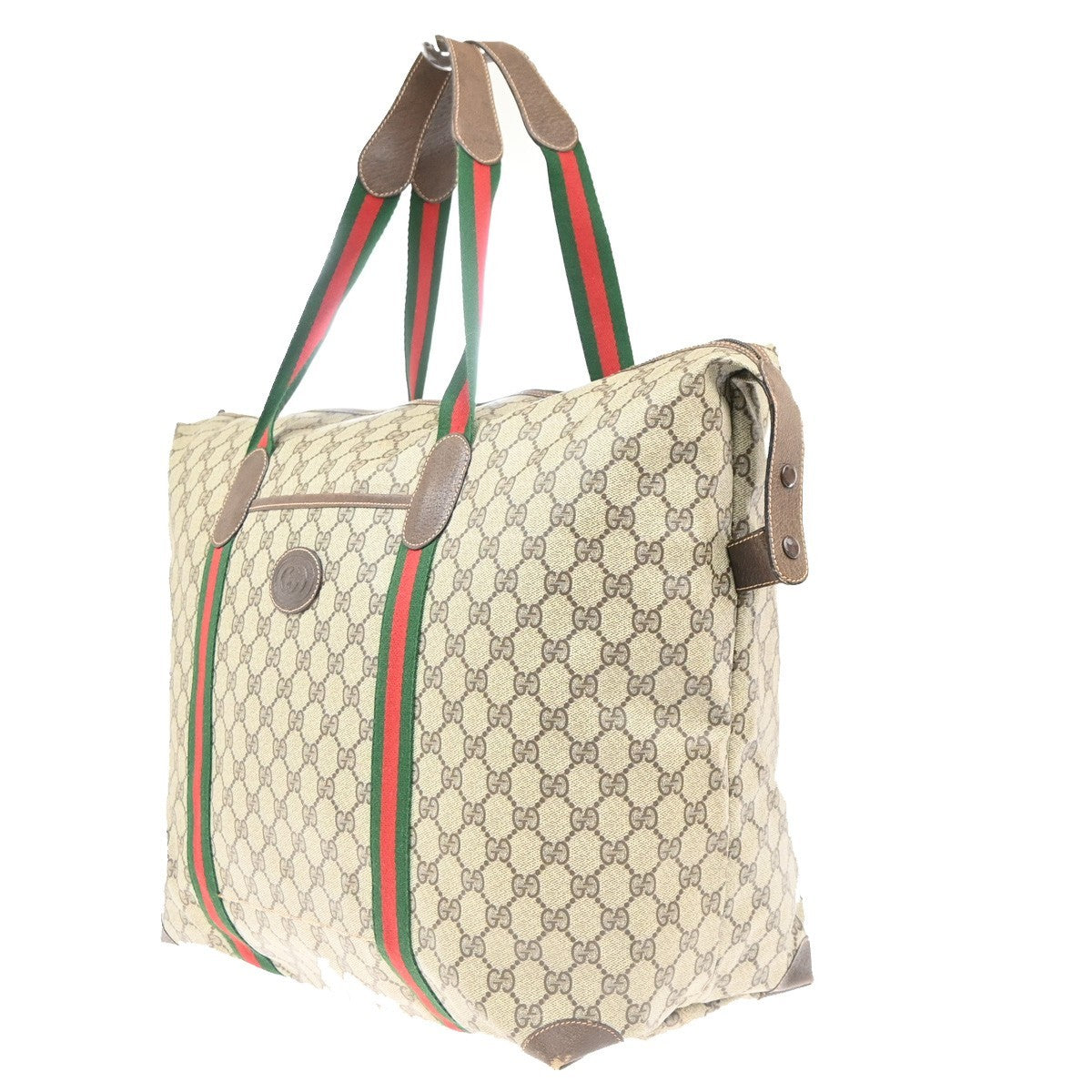 GUCCI Logo GG Sherry Line Boston Hand Bag PVC Leather Beige Italy 32MA454