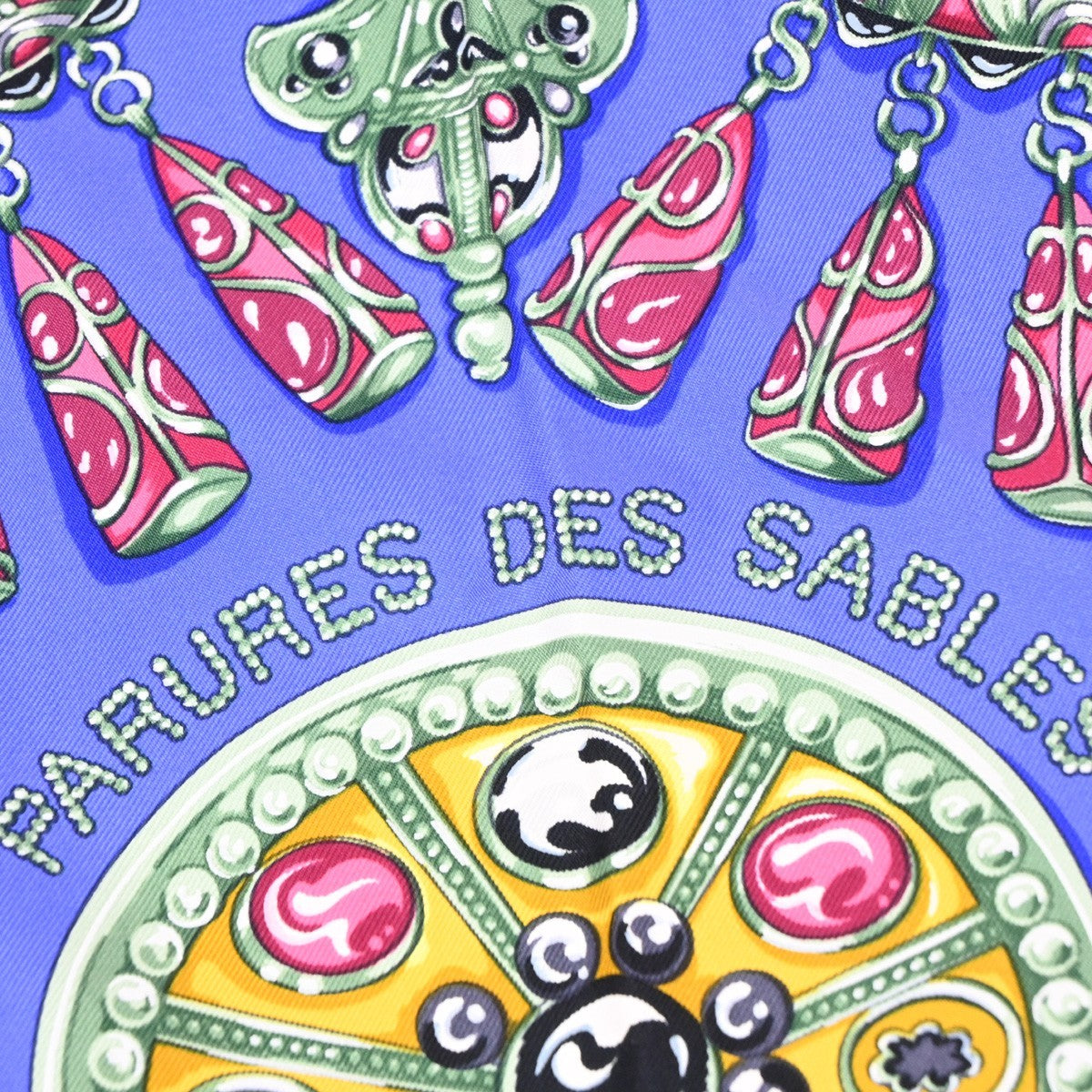 HERMES Logo Carre Scarf 90  " PARURES DES SABLES" 100% Silk Blue France 38YJ114
