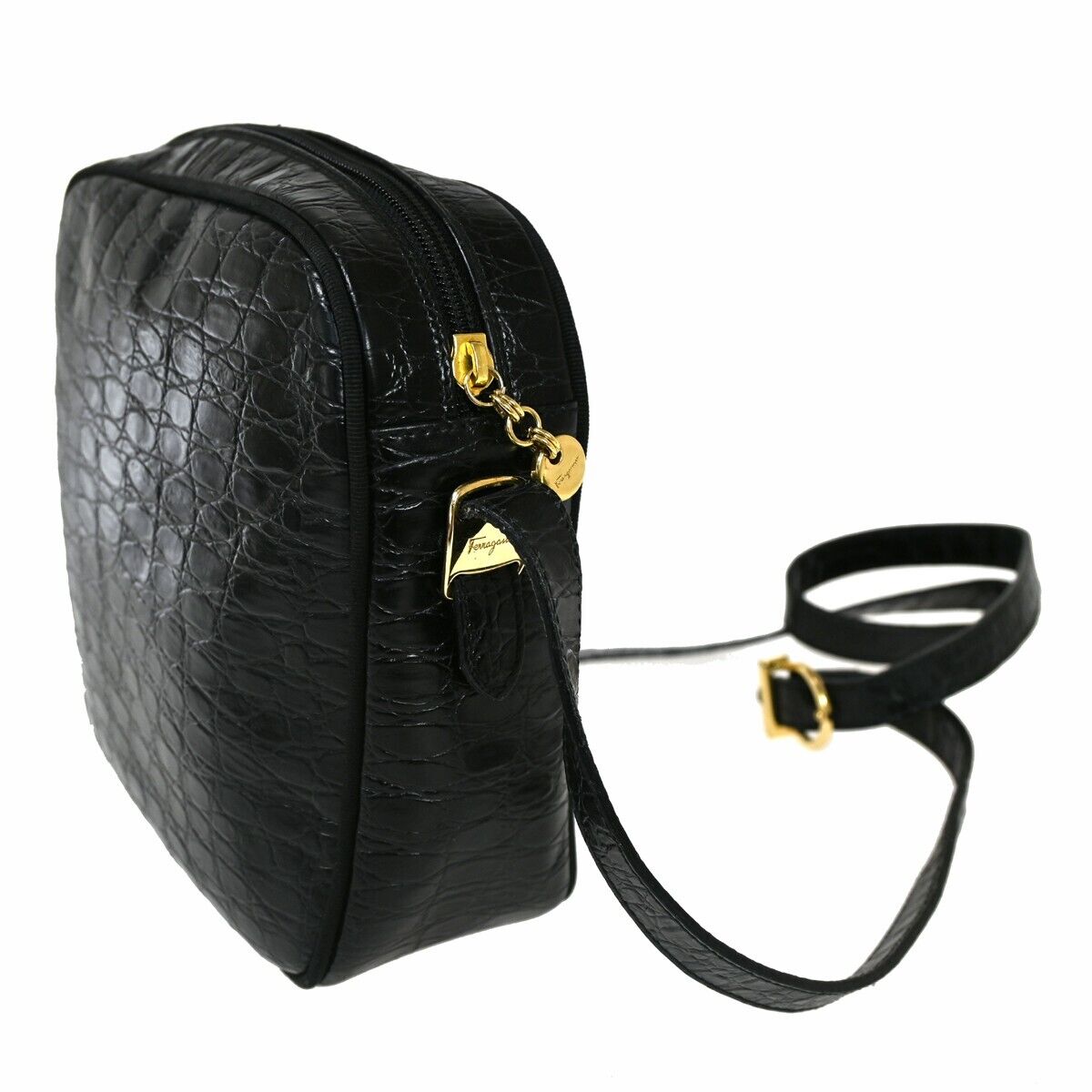 SALVATORE FERRAGAMO Vara Crossbody Shoulder Bag Embossing Leather Black 61SH200