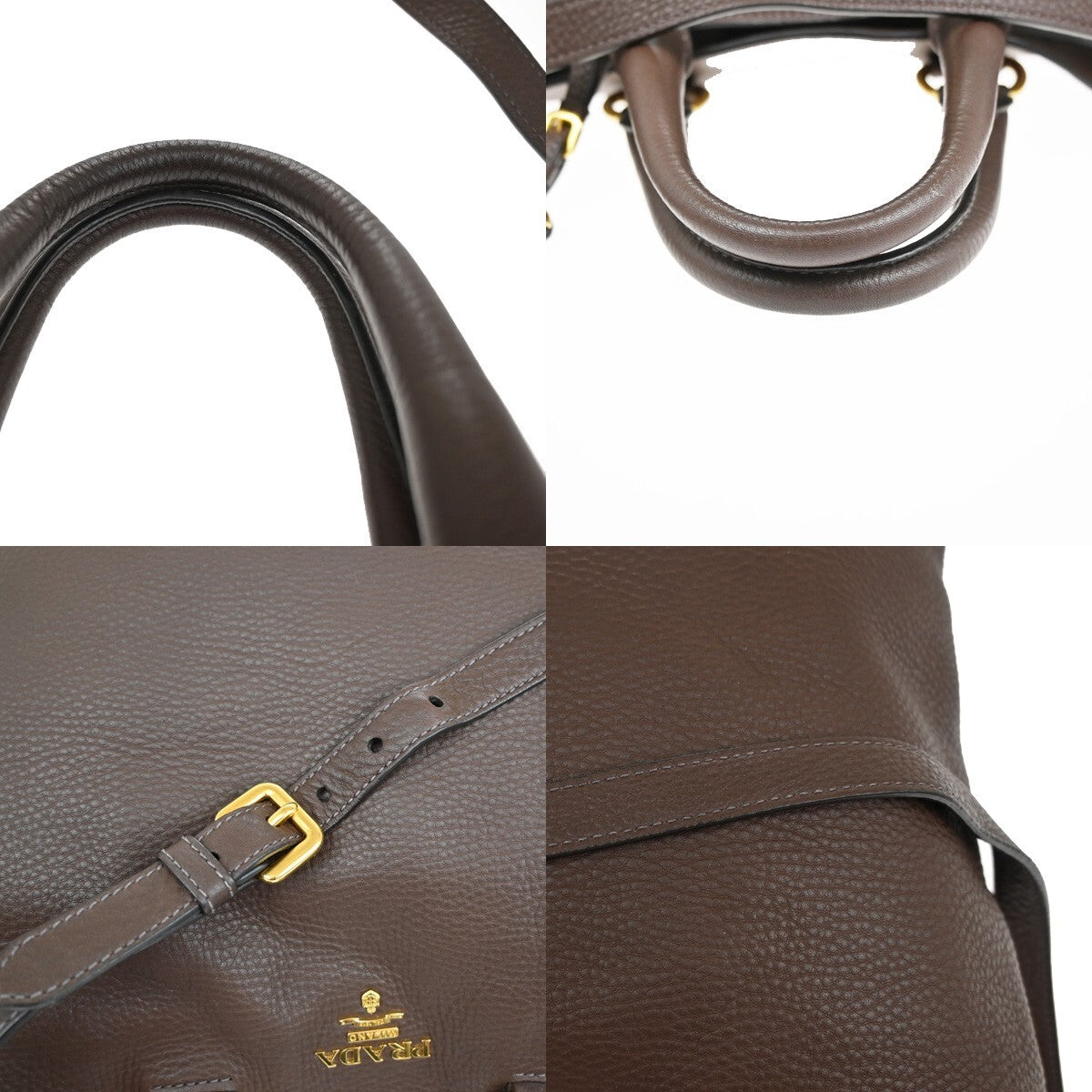 PRADA Logo 2Way Shoulder Tote Hand Bag Leather Brown Gold Italy 53RF343