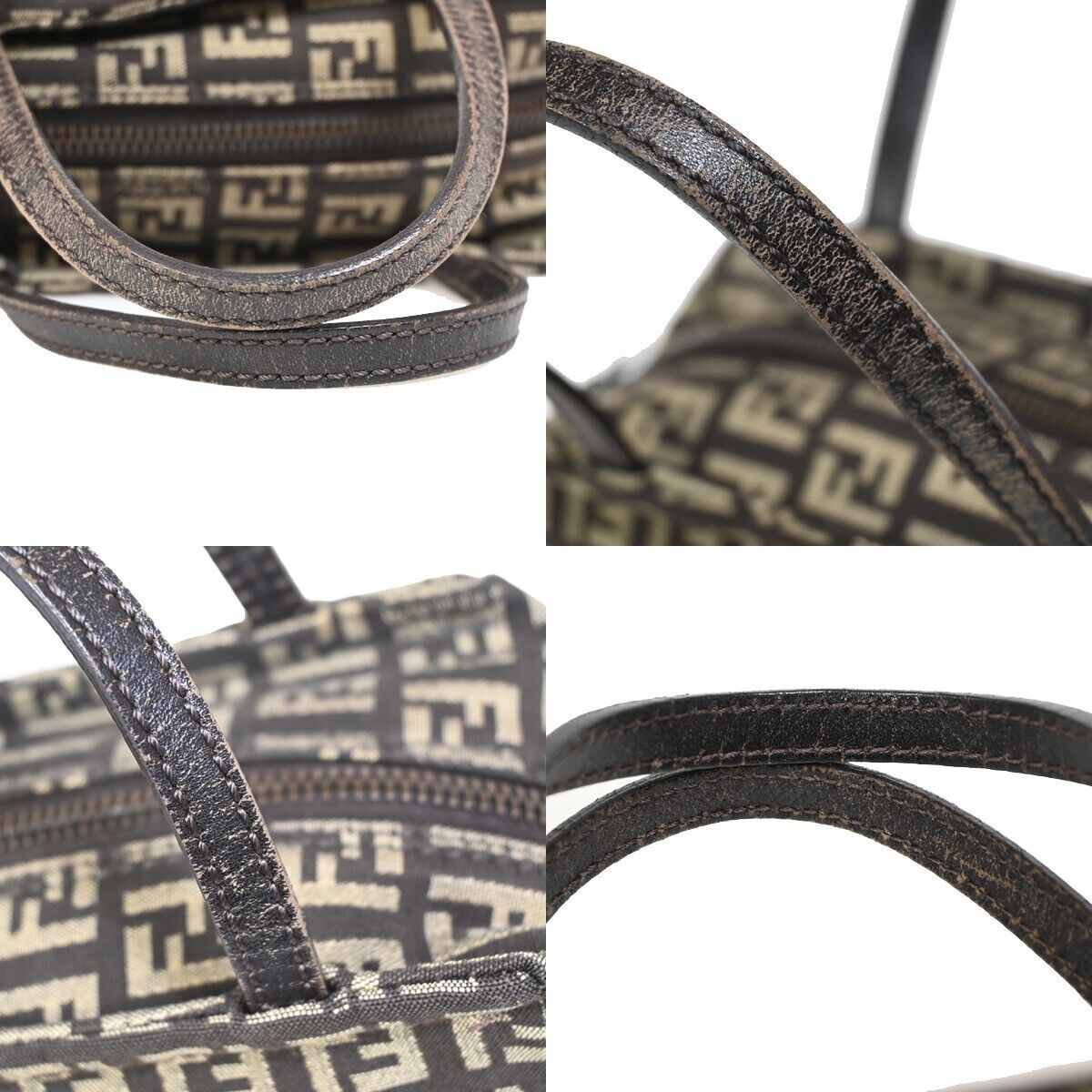 FENDI Logo Zucchino Mini Hand Bag Canvas Leather Brown Silver Italy 61HB935