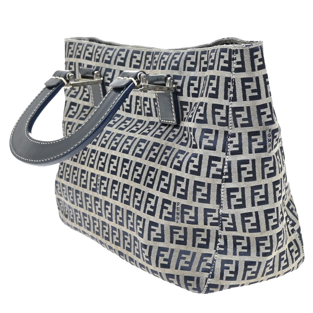 FENDI Logo Zucca Pattern Shoulder Bag Canvas Leather Navy Blue Italy 85EF815