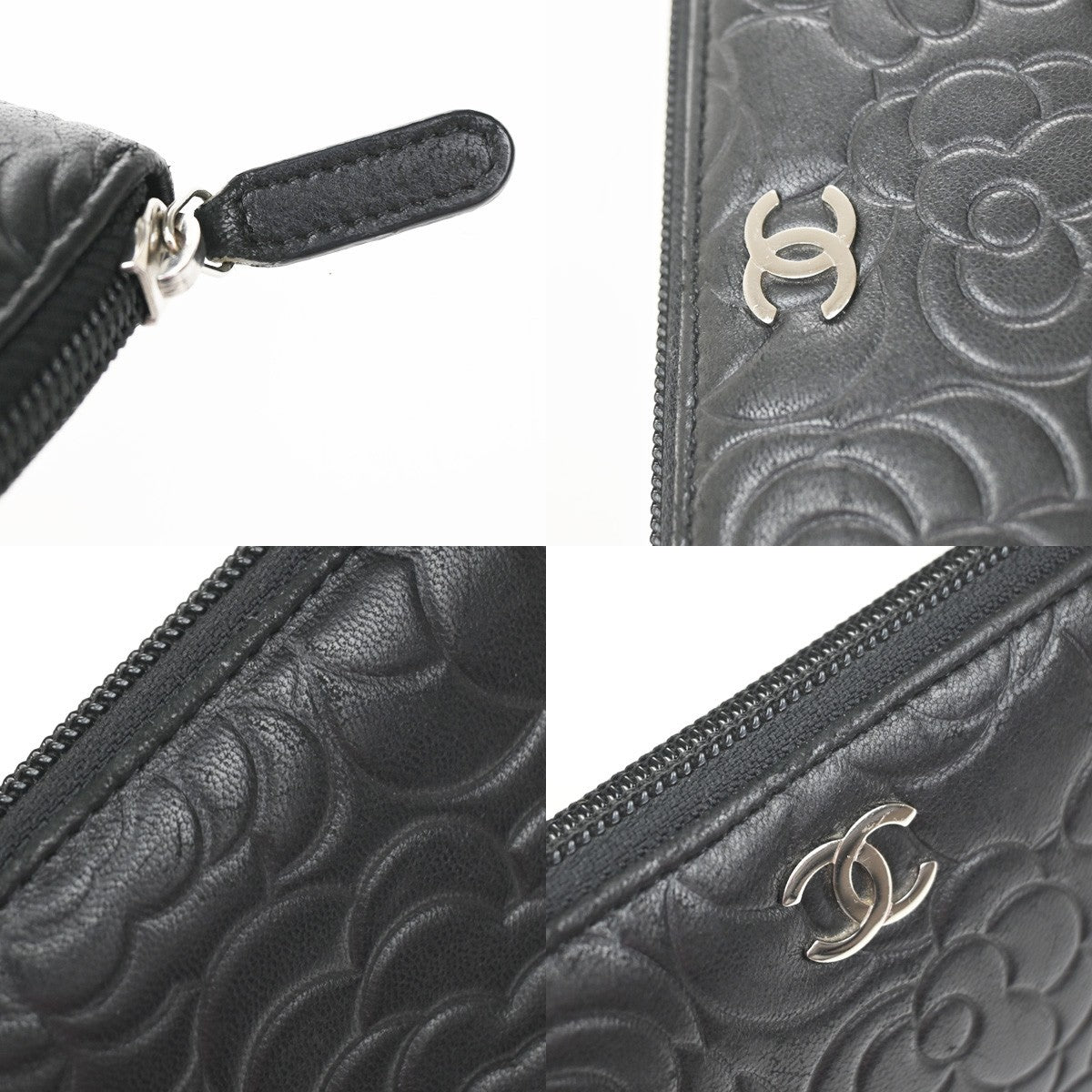 CHANEL CC Logo Camellia Long Zip Around Wallet Purse Leather Black SHW 85RQ019