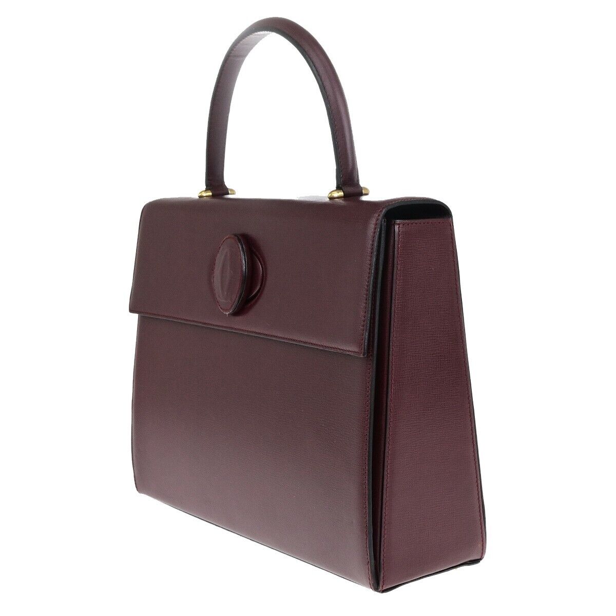 CARTIER 2C Logos Hand Bag Leather Bordeaux Gold-Plated Made In Spain 78EC825