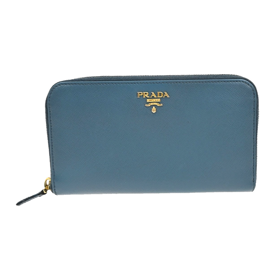 PRADA Logo Saffiano Long Zipper Around Wallet Leather Blue GHW Italy 30KA915