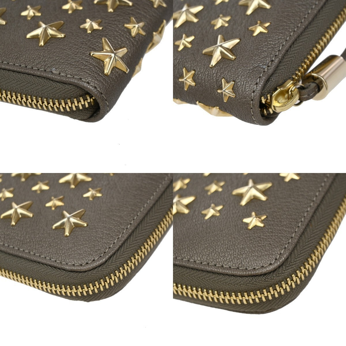 JIMMY CHOO Star Studs Zipper Long Wallet Leather Brown Gold Italy 64KP311