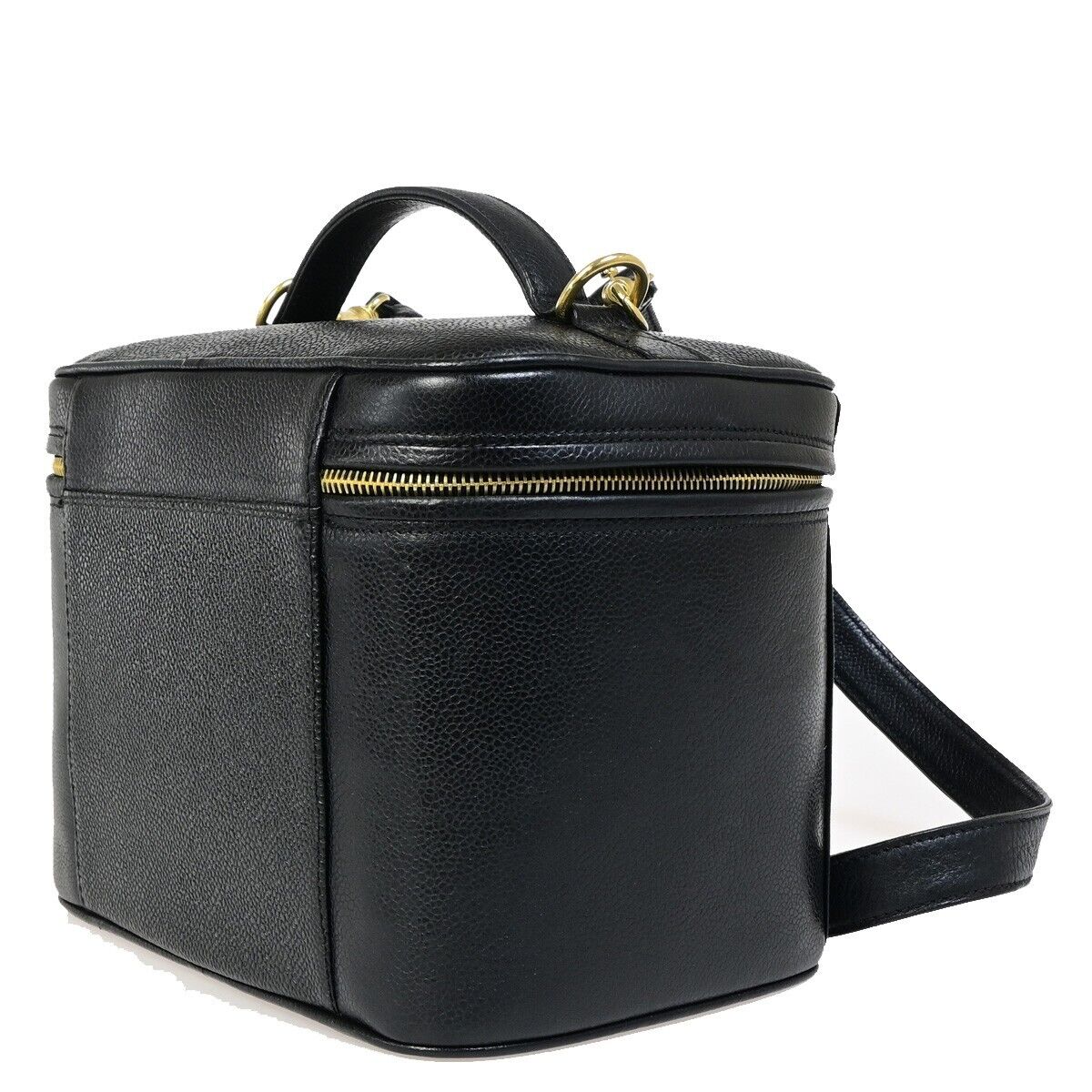 CHANEL Logo Vanity Cosmetic 2Way Hand Bag Caviar Leather Black Vintage 652RJ964