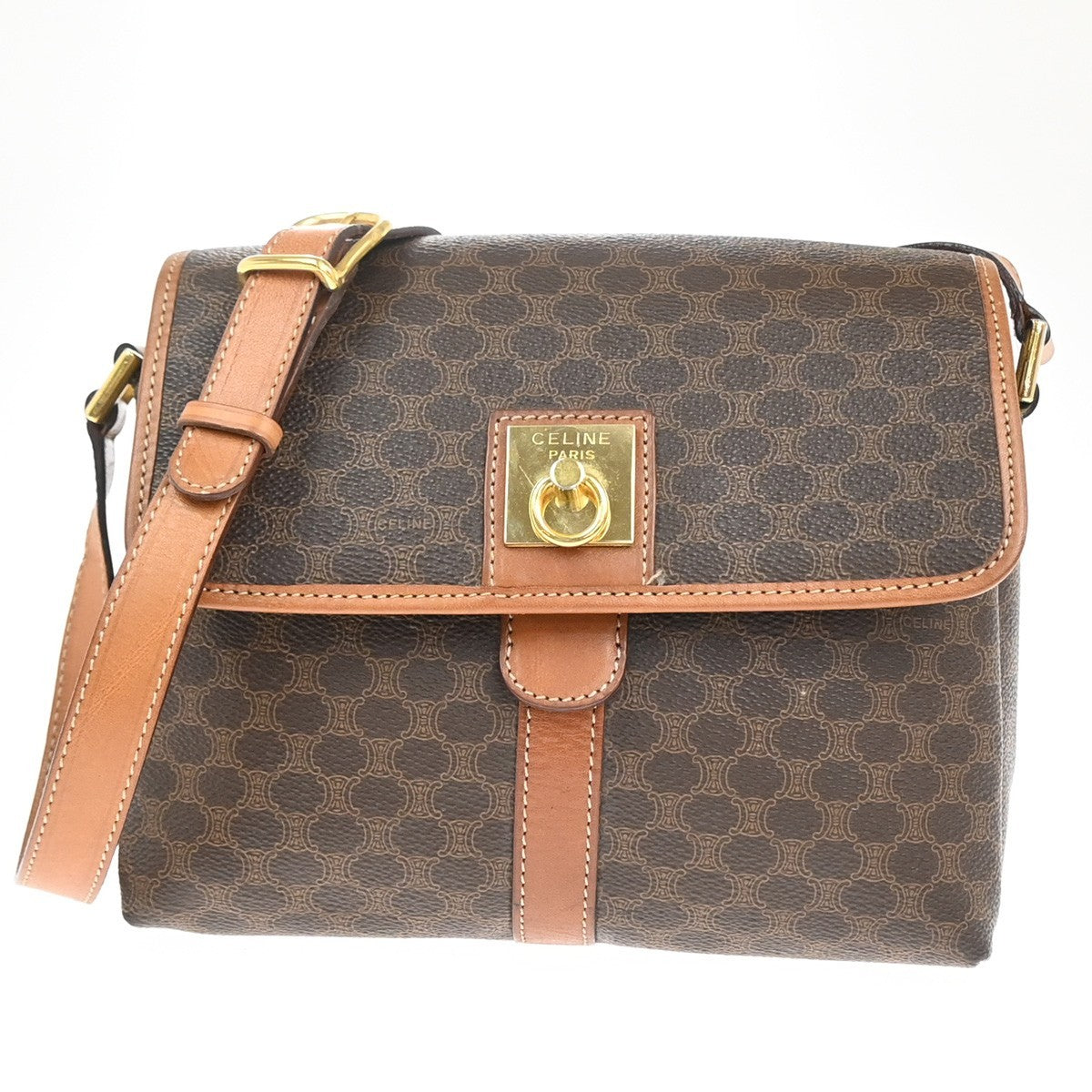 CELINE Logo Macadam Pattern Shoulder Bag PVC Leather Brown GHW Italy 64KC652