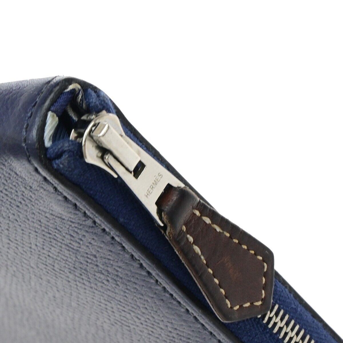 HERMES Logo Azap Zip Around Long Wallet Silk Epsom Leather Navy Blue SHW 37ED890