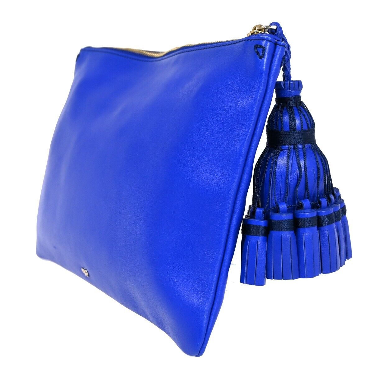 ANYA HINDMARCH Logo Smiley Wink Fringe Clutch Hand Bag Leather Blue 36HB218