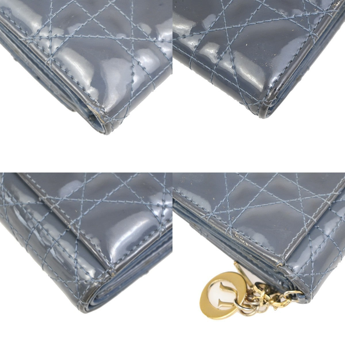 CHRISTIAN DIOR Cannage Mini Lady Dior Wallet Patent Leather Blue GHW 02KD081