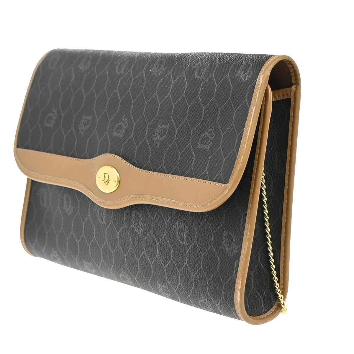 CHRISTIAN DIOR Logos Honeycomb Chain Shoulder Bag PVC Leather Brown Gold 38KP372