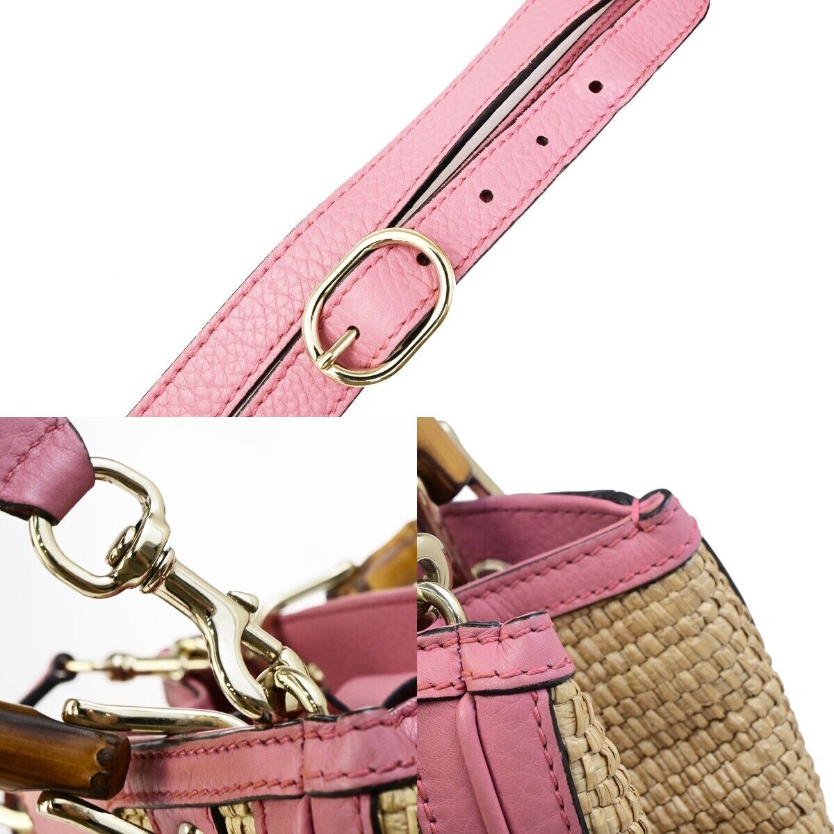 GUCCI Bamboo Shopper 2Way Shoulder Hand Bag Raffia Leather Pink Brown 84ED384