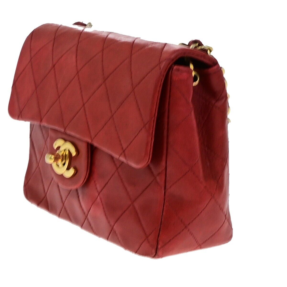 CHANEL CC Logo Mini Matelasse Chain Shoulder Bag Leather Red Vintage 673RF237