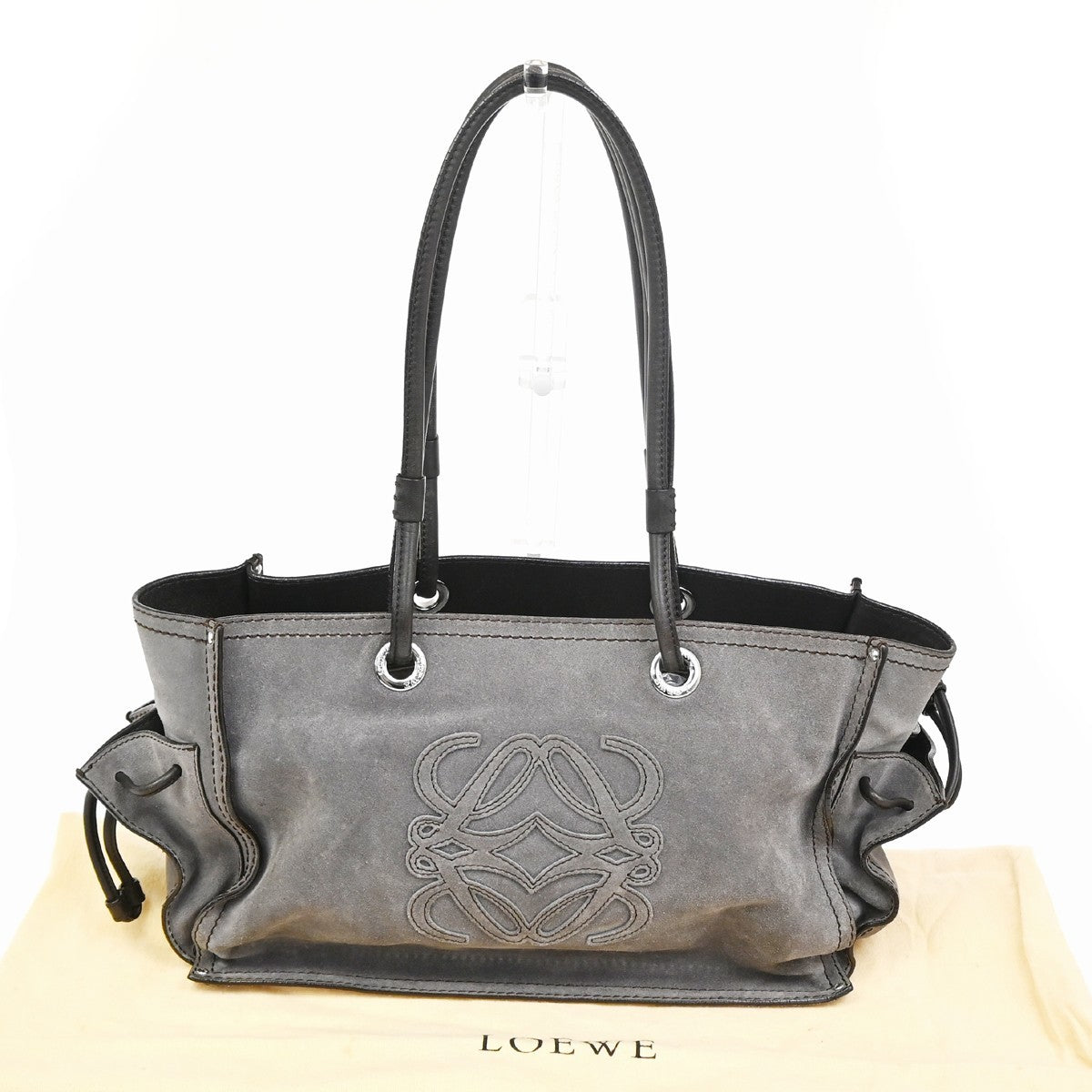 LOEWE Anagram Logo Tote Shoulder Bag Suede Leather Gray Brown SHW 10TA571