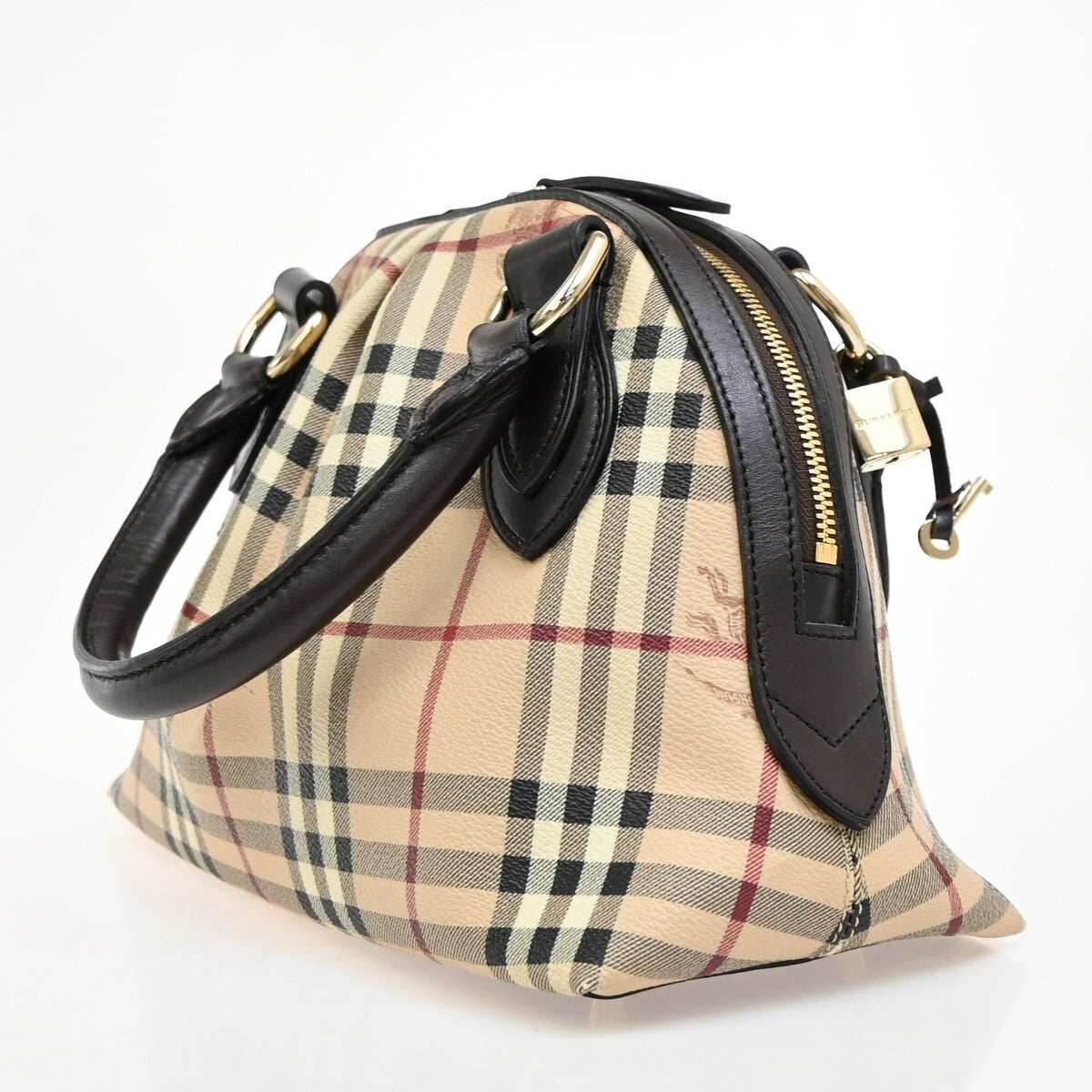 BURBERRY Logo Nova Hand Bag  Check PVC Leather Brown GHW 87RF419