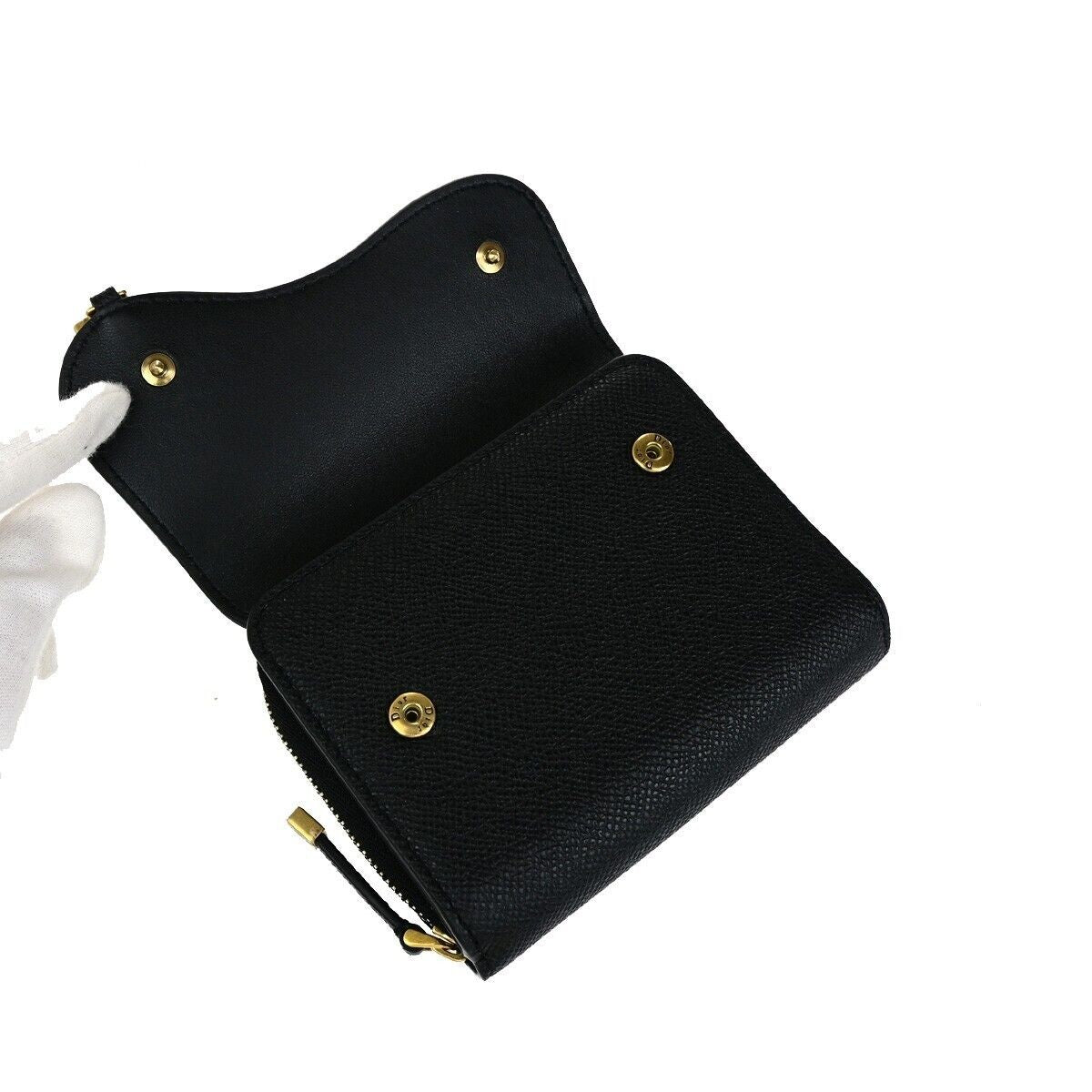 CHRISTIAN DIOR Logo Saddle Trifold Wallet Purse Leather Black GHW Italy 11RK018