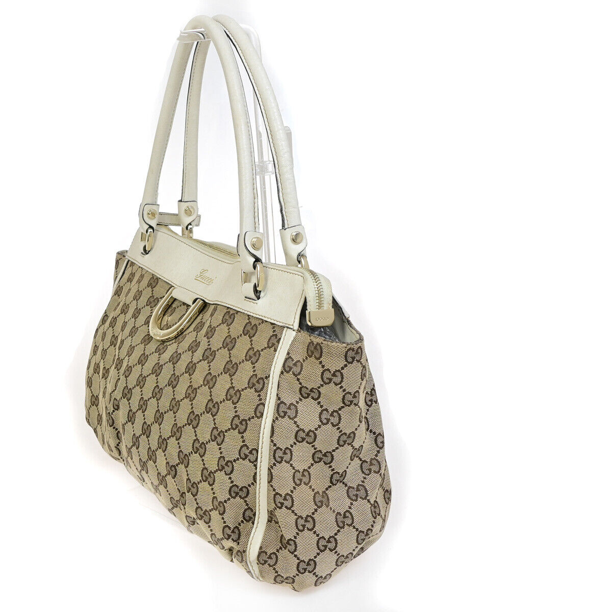 GUCCI Logo Abbey GG Pattern Shoulder Bag Canvas Leather Brown White GHW 66YG263