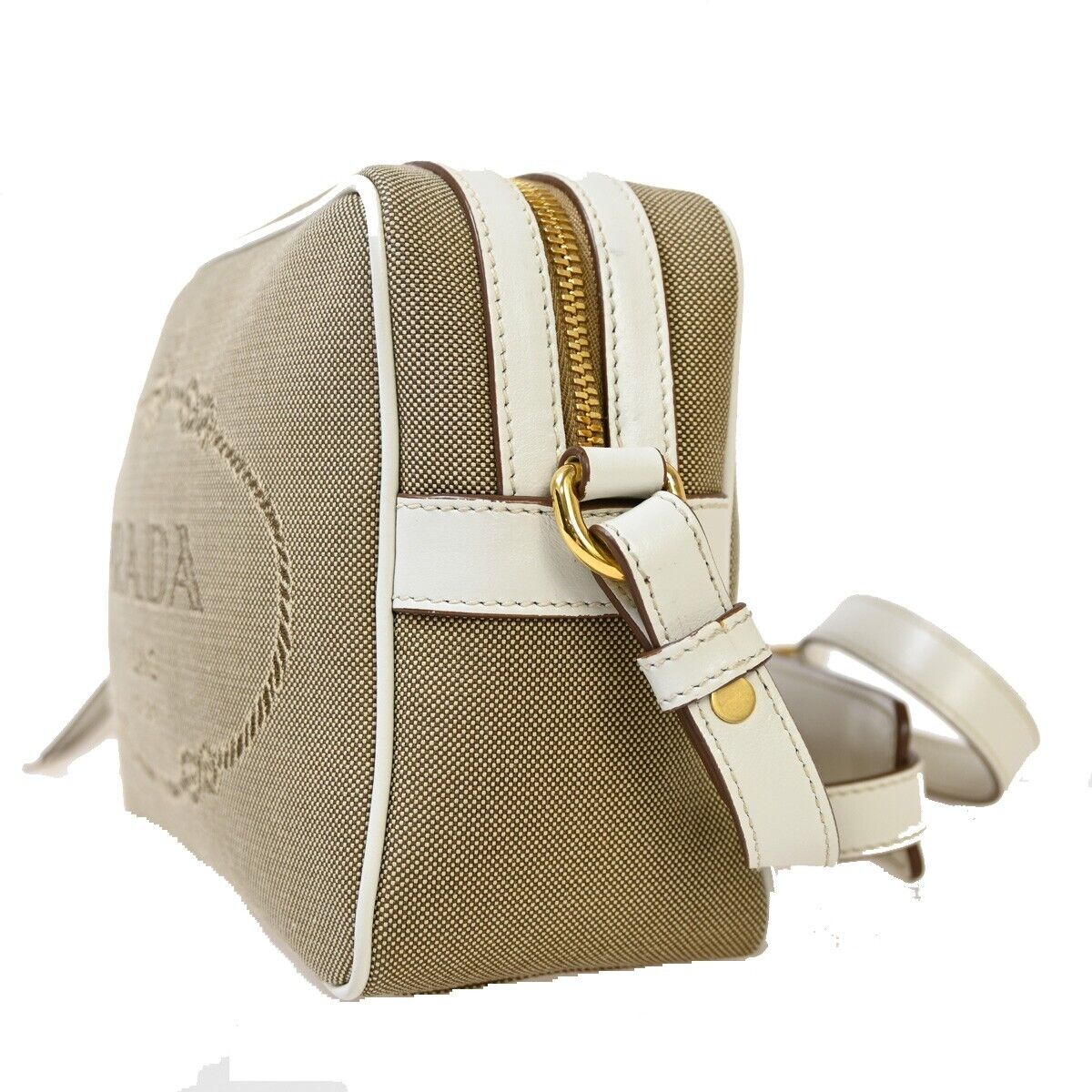 PRADA MILANO Logo Jacquard Shoulder Bag Canvas Leather Brown White Gold 50RJ741
